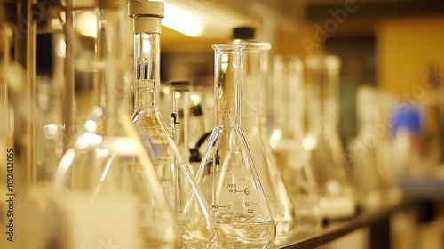 An engaging and educational depiction of a General Chemistry Laboratory, showcasing a variety of laboratory equipment, including beakers, test tubes, Bunsen burners, and safety goggles arranged 