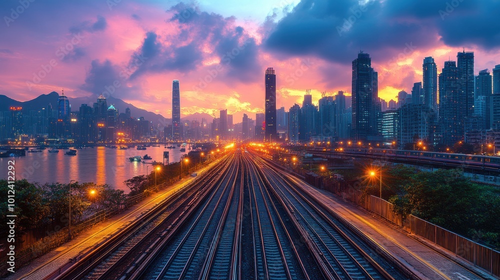 A panoramic view of a city skyline with a train track in the foreground. The sky is ablaze with a fiery sunset. A panoramic view of a city skyline with a train track in the foreground. The sky is ablaze with a fiery sunset.