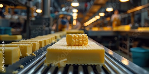 Cheese production line in a factory during daylight hours