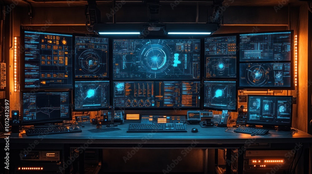 A futuristic, high-tech workstation with multiple monitors displaying data and information, illuminated by neon lights. A futuristic, high-tech workstation with multiple monitors displaying data and information, illuminated by neon lights.