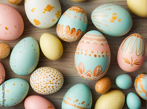 Easter Eggs, Colorful Pastel Blue Backgroun, Top view and flat lay. photo