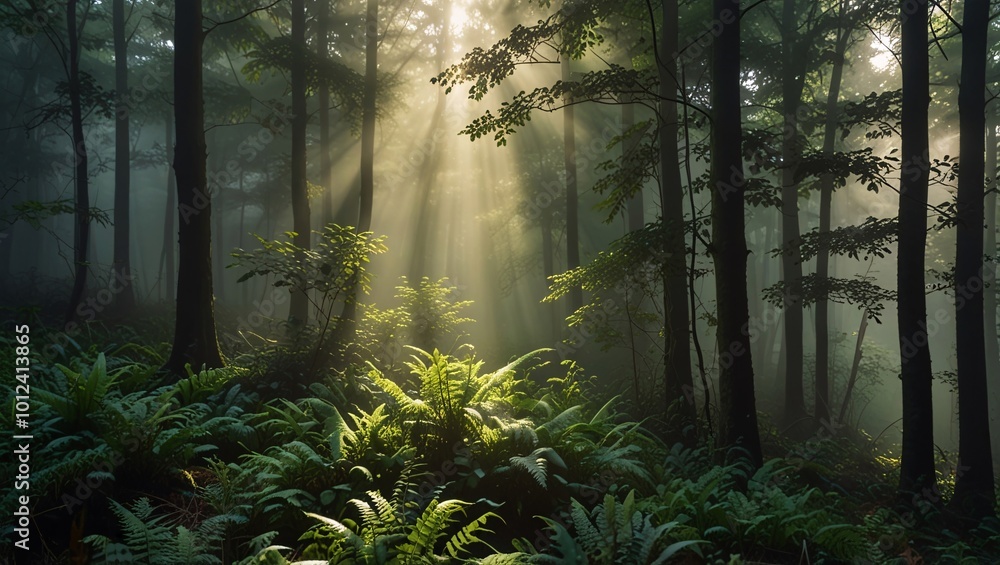 Sunbeams Through Foggy Forest Sunbeams Through Foggy Forest