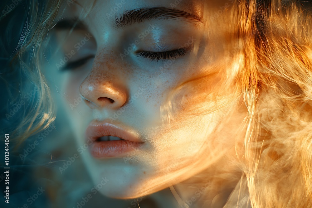 Close up portrait of a young woman with closed eyes, golden light and blue background Close up portrait of a young woman with closed eyes, golden light and blue background