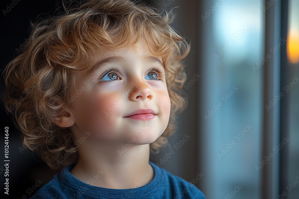 Portrait of a young boy with blonde curly hair and blue eyes looking up ...