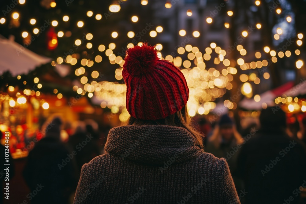 Obraz premium Festive Holiday Market with Bokeh Lights and Woman in Red Hat
