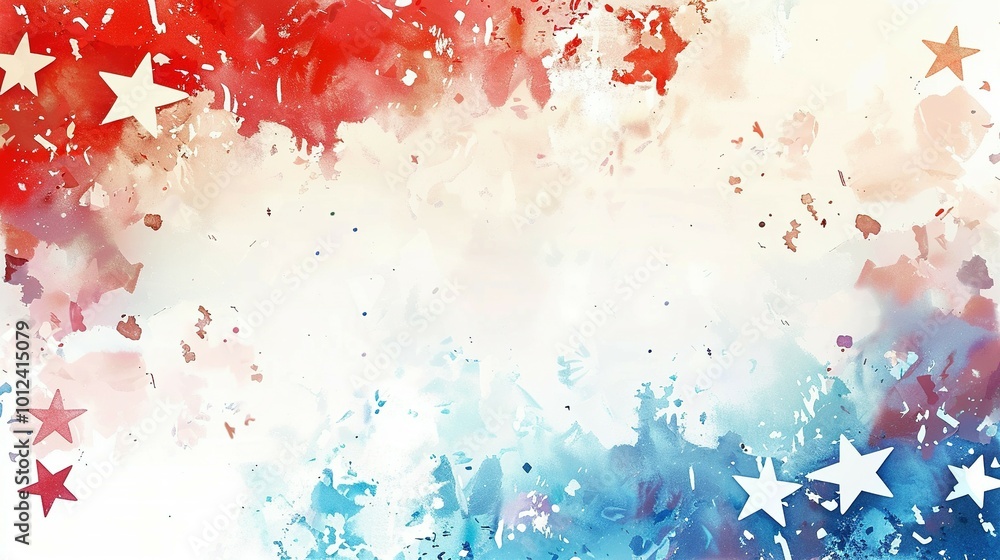 Abstract Watercolor Background with White Stars and Red, White, and Blue Splashes Abstract Watercolor Background with White Stars and Red, White, and Blue Splashes