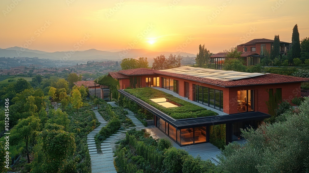 Modern villa with a green roof and large windows overlooking a valley at sunset. Modern villa with a green roof and large windows overlooking a valley at sunset.