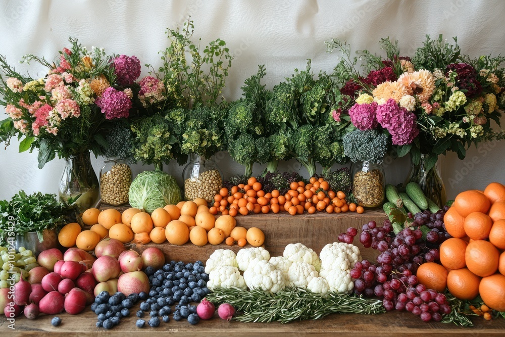 A colorful display of fresh fruits, vegetables, and flowers on a wooden table. A colorful display of fresh fruits, vegetables, and flowers on a wooden table.