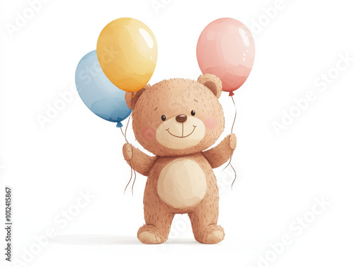 Adorable Teddy Bear with Balloons - Flat Vector Illustration in Minimalistic Paper Cut Style and Watercolor Effect | Simple 2D Graphic Design