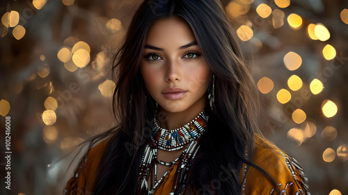 Stunning Woman with Long Black Hair Wearing a Beaded Necklace