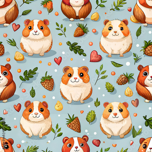 pattern with cartoon guinea pigs holding tiny vegetables, with paw prints and hearts scattered across a bright, cheerful background
