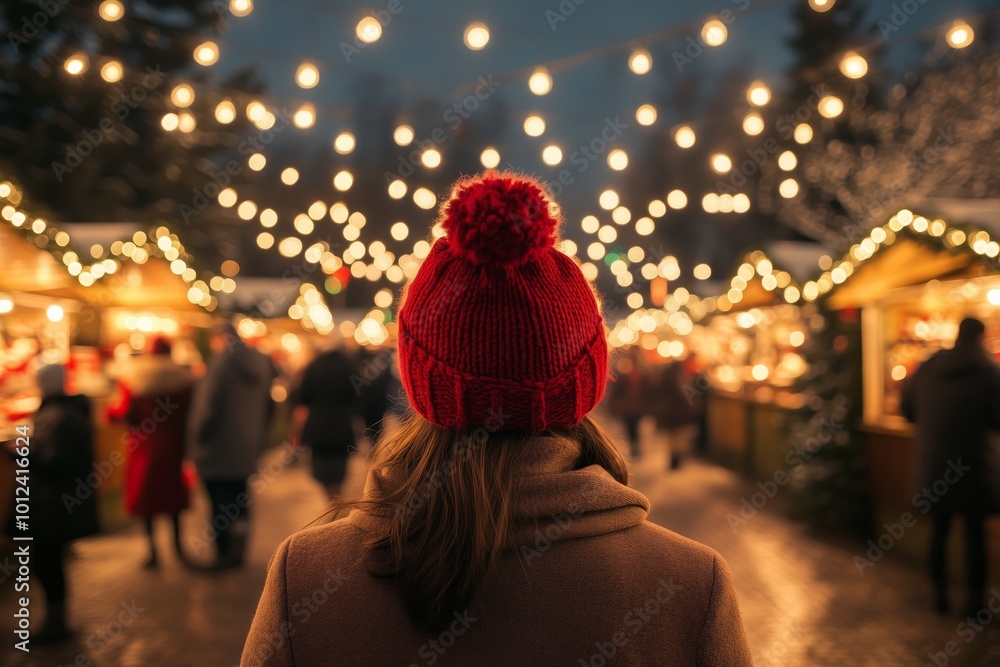 Festive Christmas Market Scene with Woman in Red Knit Hat and Warm Lights Festive Christmas Market Scene with Woman in Red Knit Hat and Warm Lights