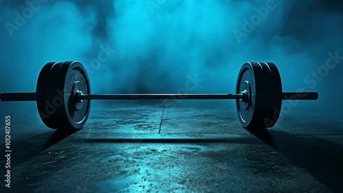 Barbell with weights on gym floor in dim blue lighting, fitness and strength training concept