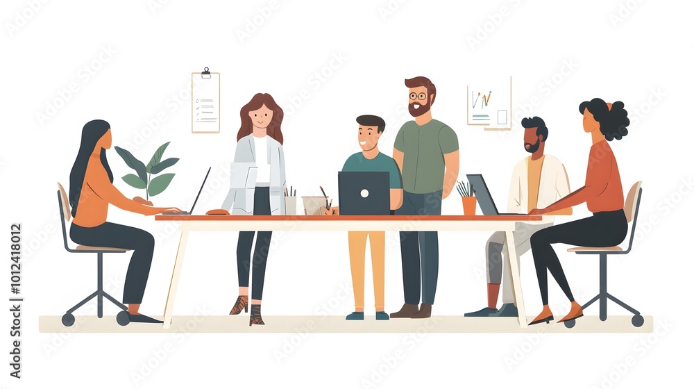 Diverse Team Collaborating at a Desk in an Office Setting Diverse Team Collaborating at a Desk in an Office Setting