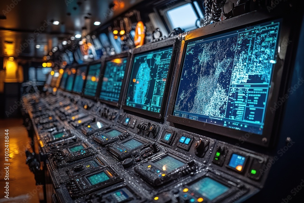 A row of monitors and control panels inside the bridge of a ship, displaying navigation data and charts. A row of monitors and control panels inside the bridge of a ship, displaying navigation data and charts.