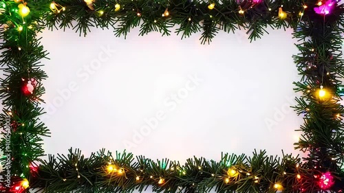 Festive garland made of pine branches and colorful lights framing a white background, perfect for holiday designs and decorations