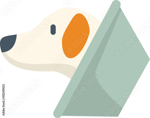 This vector illustration features a white and brown dog wearing a green elizabethan collar, conveying a sense of concern and care for a pet recovering from surgery or injury