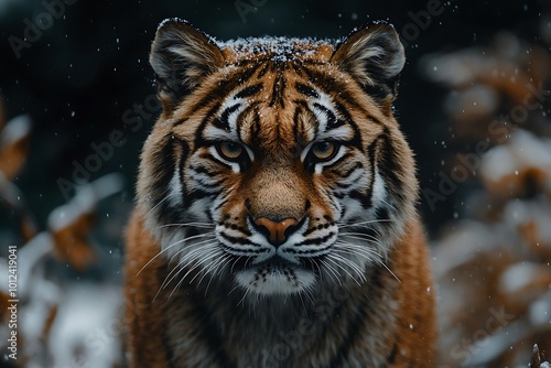 Close up portrait of a majestic Bengal tiger with a serious expression in a snowy environment.