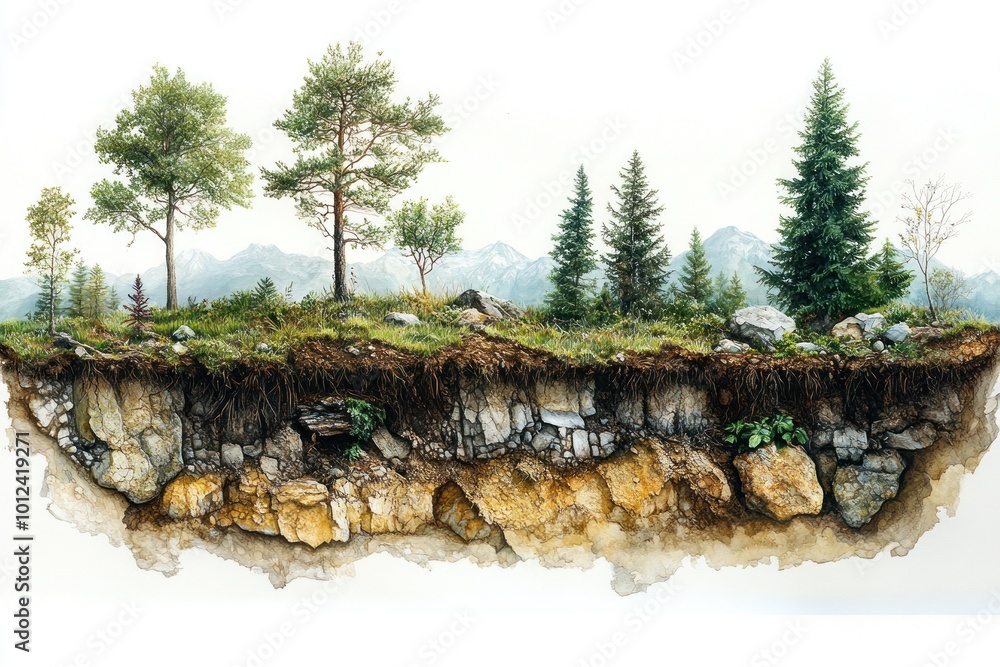 Fototapeta premium A cross-section of a forest landscape revealing the soil layers and rock formations beneath the surface.