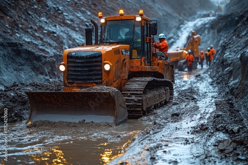 A yellow bulldozer drives through a muddy construction site, with workers following behind.