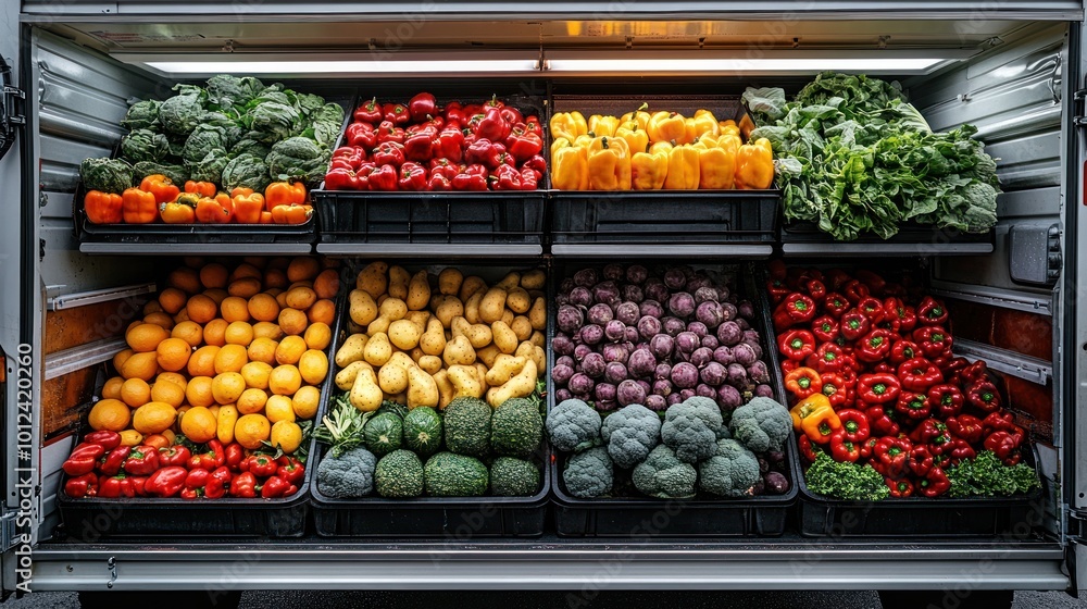 A variety of fresh produce is displayed in a refrigerated truck, ready for delivery. A variety of fresh produce is displayed in a refrigerated truck, ready for delivery.