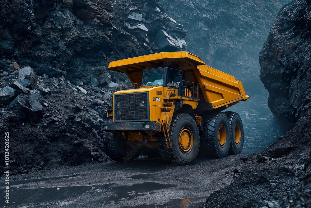 Massive yellow dump truck navigating a rocky quarry during an overcast day Massive yellow dump truck navigating a rocky quarry during an overcast day