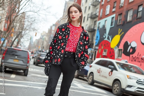 A fashion-forward individual strolls through a vibrant city street adorned in distinctive attire, surrounded by urban artistry and bustling traffic