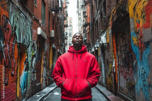 A stylish male poses confidently in a vibrant urban alleyway filled with colorful graffiti under bright daylight photo