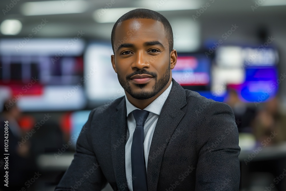 Professional anchor presenting news updates in a busy newsroom environment during a broadcast Professional anchor presenting news updates in a busy newsroom environment during a broadcast