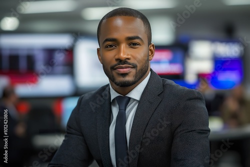 Professional anchor presenting news updates in a busy newsroom environment during a broadcast