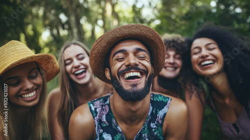 Happy Friend Smiling and Laughing During a Summer Vacation with a Diverse Group of Friends, Emphasizing Fun and Togetherness in Nature