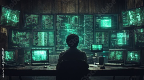 A lone hacker sits before a wall of computer monitors displaying complex code, highlighting the world of cyber security and data analysis.