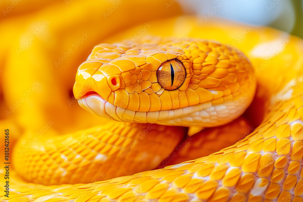 Obraz premium Vibrant Yellow Snake Face with Blurred Background