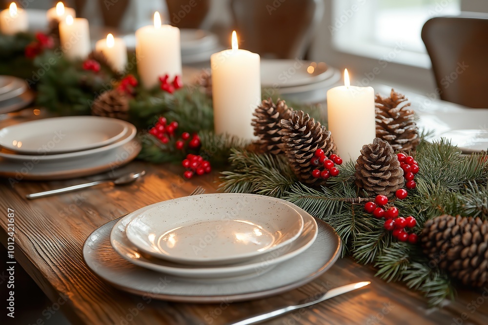 Rustic holiday table adorned with candles, pinecones, and red berries for a warm gathering Rustic holiday table adorned with candles, pinecones, and red berries for a warm gathering