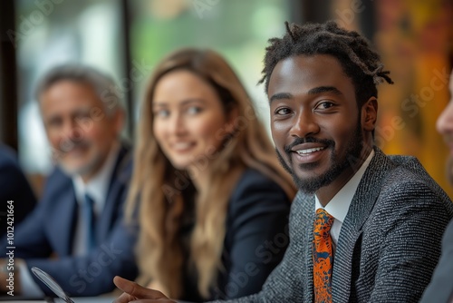 Executives engage in a dynamic discussion on fair trade and ethical practices in a modern office