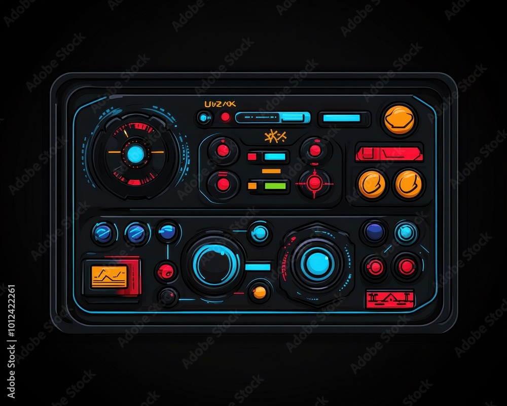 Fototapeta premium Vibrant RetroFuturistic Control Panel Illustration Featuring Colorful Buttons and Dials in a Flat Design Style for Creative Projects and SciFi Themes