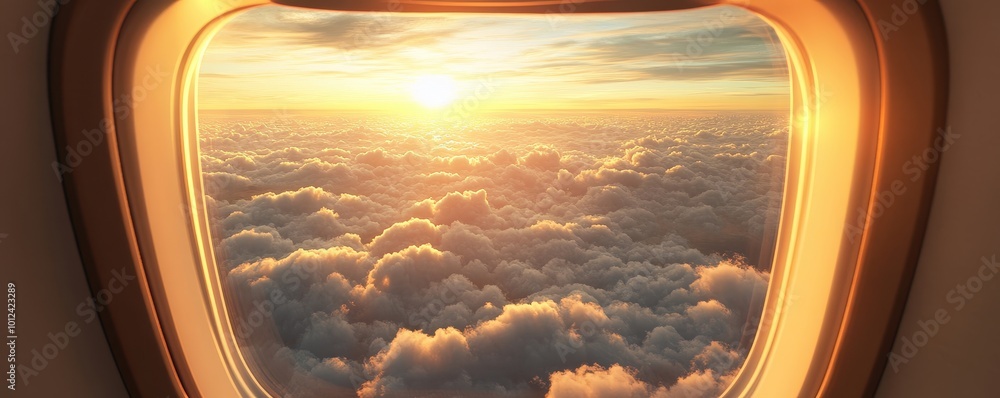 Golden hour view from airplane window with fluffy clouds and warm sunlight, hyper realistic, scenic aerial sky perspective, sky view, serene beauty Golden hour view from airplane window with fluffy clouds and warm sunlight, hyper realistic, scenic aerial sky perspective, sky view, serene beauty