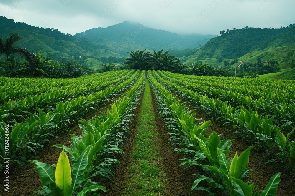 Fototapeta premium A lush green field of crops extends towards a mountain range under a cloudy sky.