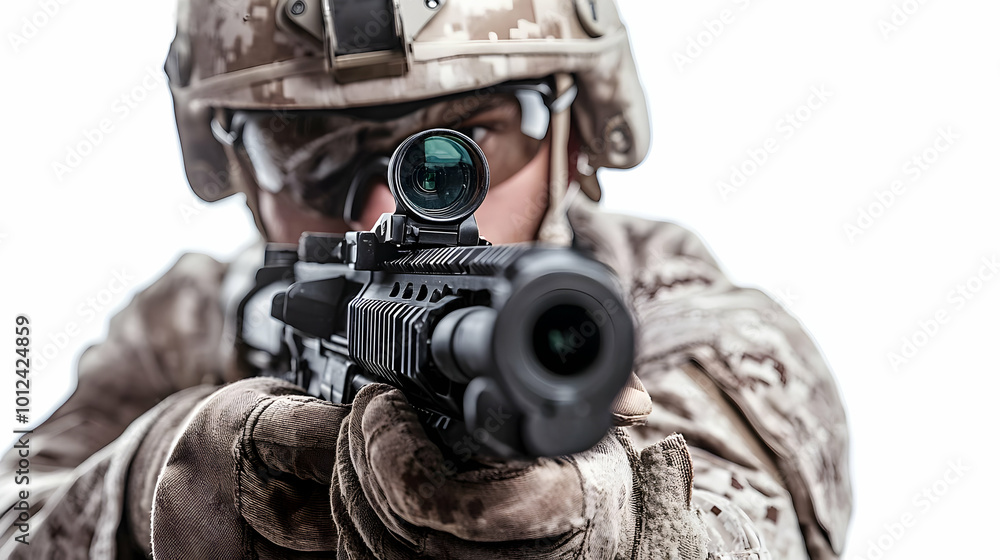 Soldier in Combat Gear Aims Rifle - Realistic Photo Soldier in Combat Gear Aims Rifle - Realistic Photo