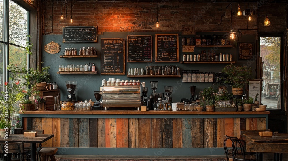 Rustic coffee shop interior with exposed brick walls, wooden shelves, and a vintage espresso machine. Rustic coffee shop interior with exposed brick walls, wooden shelves, and a vintage espresso machine.