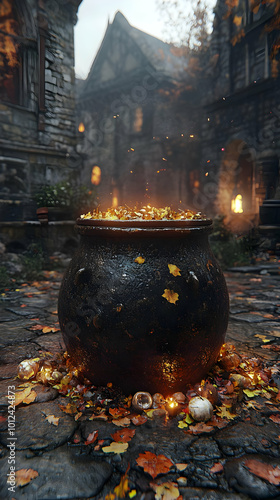 3D Illustration of a Glowing Cauldron with Autumn Leaves photo