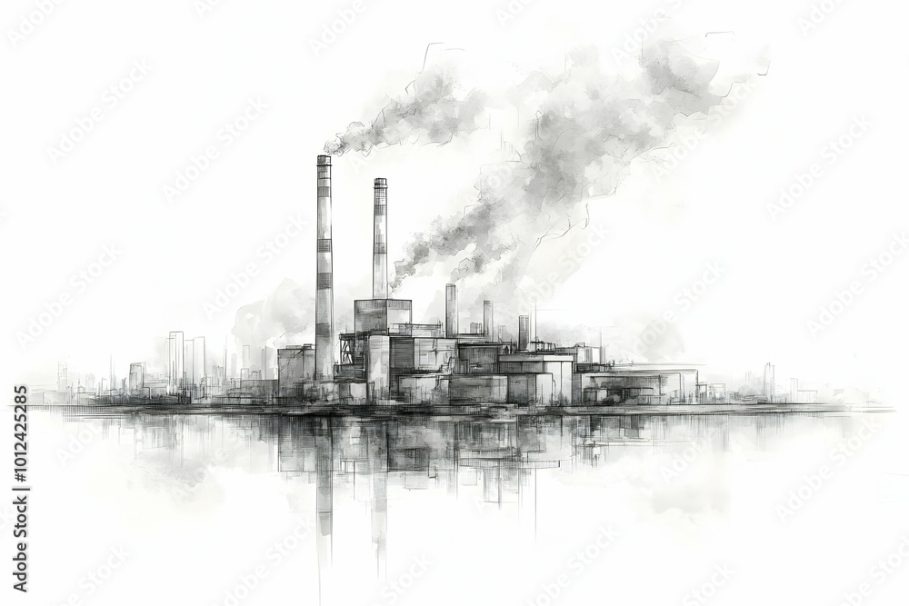 Industrial Illustration: Cityscape Factory Smoke Pollution