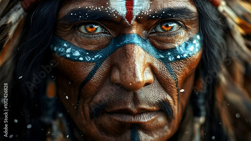 Native American Face with Traditional Paint and Feathers