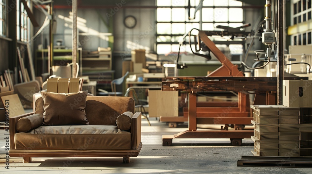 Leather Sofa in a Workshop with Woodworking Machinery Leather Sofa in a Workshop with Woodworking Machinery
