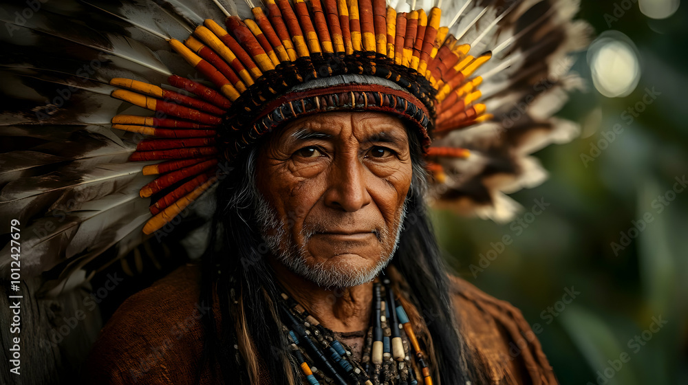 Native American Man with Headdress and Beads Native American Man with Headdress and Beads