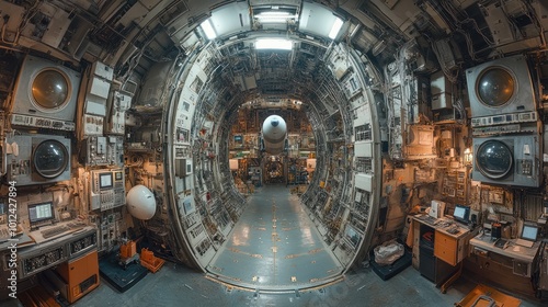 A wide angle view of the inside of a military aircraft showing the control panel and other instruments, with a hallway leading to the front of the plane.