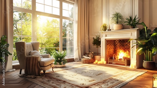 A cozy living room with soft beige walls, a large window letting in sunlight, and a comfortable armchair by the fireplace