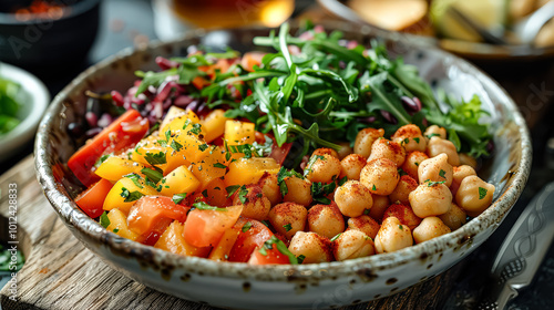 Healthy chickpea salad with mixed vegetables and herbs