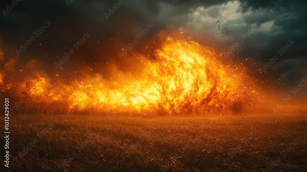 Dramatic Explosuin dramatic scene capturing a massive explosion in an open field with dark ...