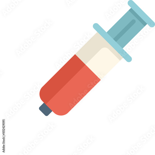 Red medical syringe containing liquid medicine, depicted in a minimalist and colorful flat design style